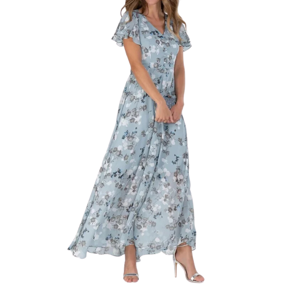 LINA - Langes Kleid mit kurzen Ärmeln und Blumenmuster