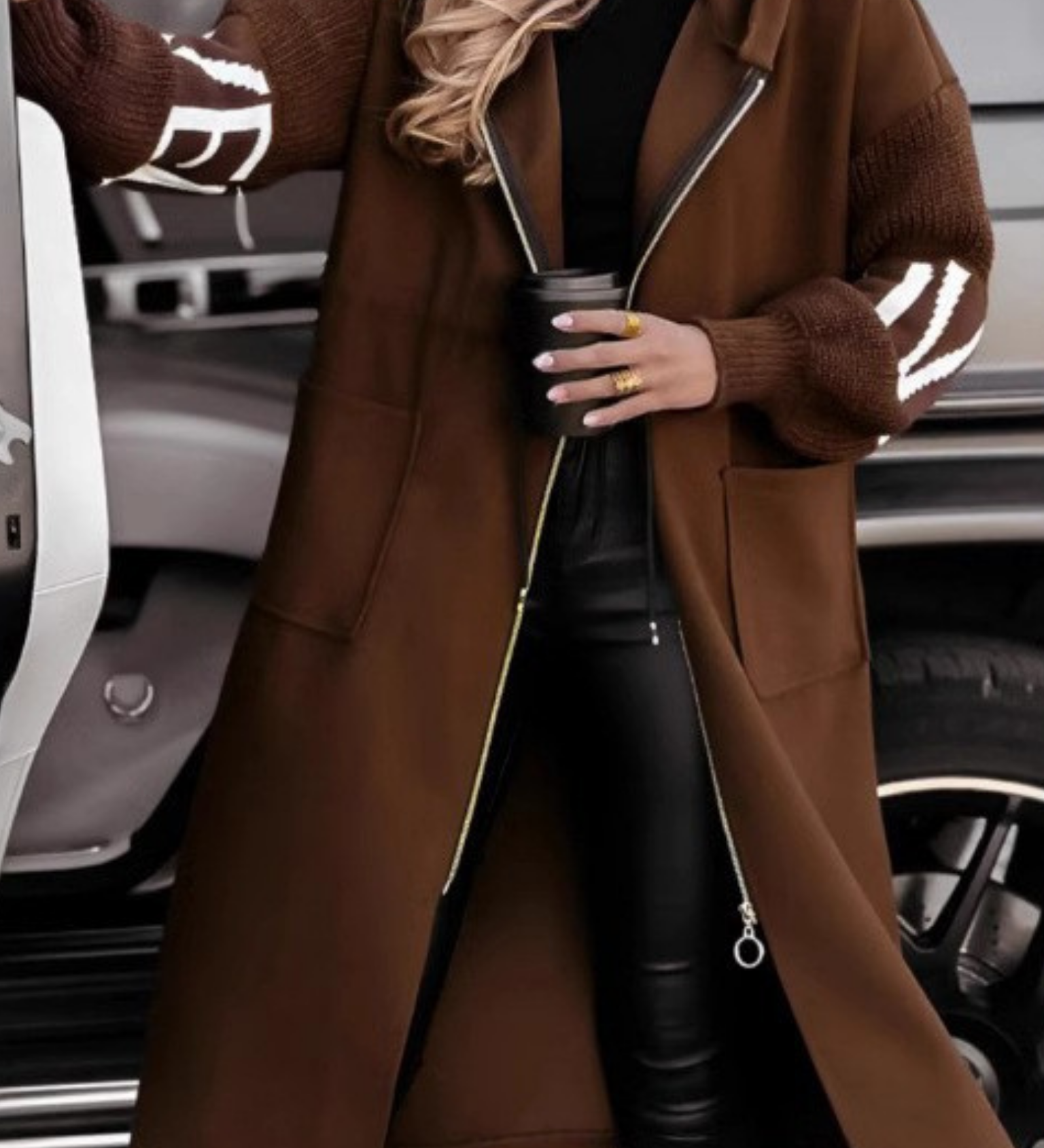 OPHELIA - LANGER MANTEL MIT STRICKÄRMELN UND KAPUZE