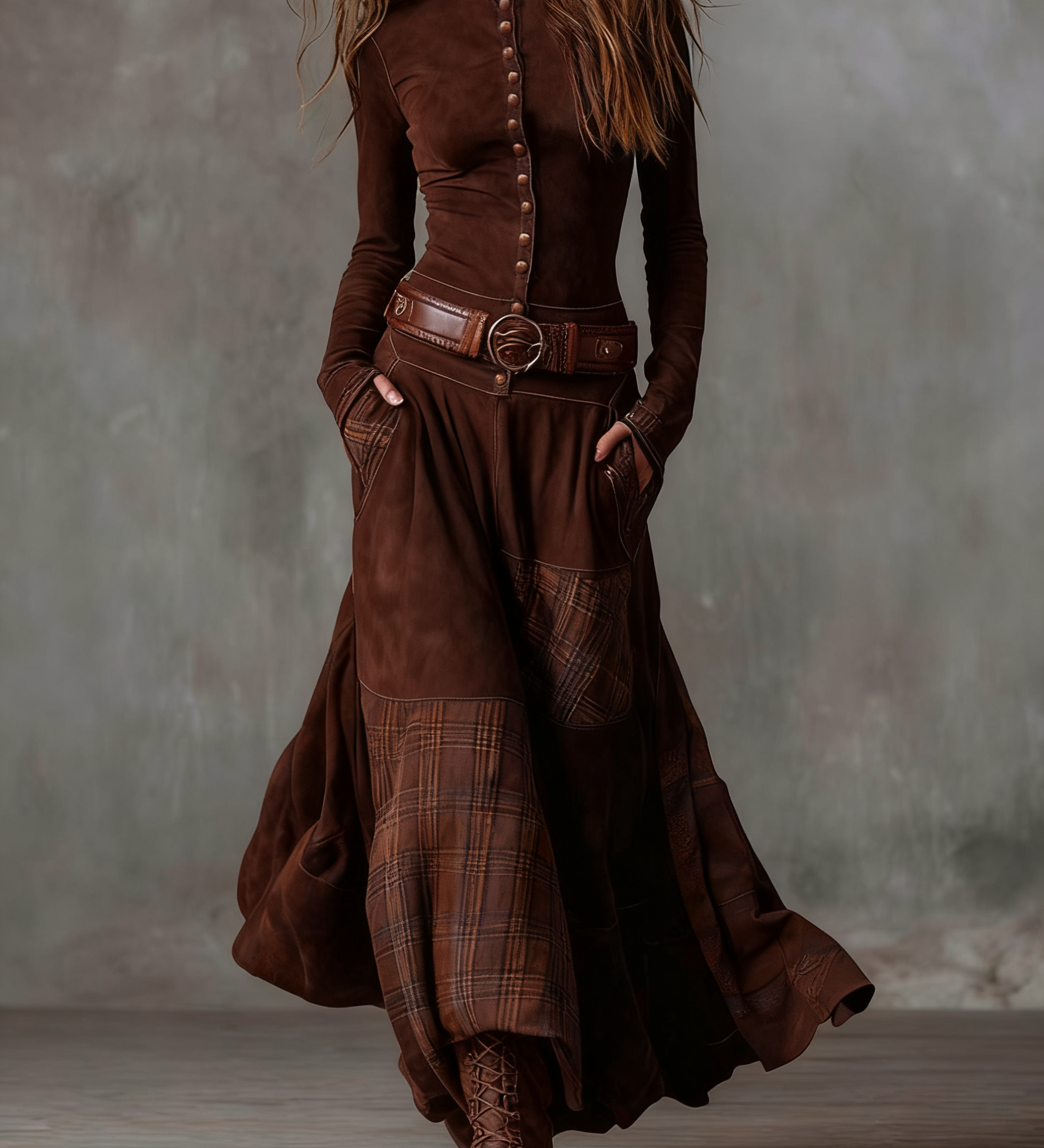 Helena - Maxikleid aus blauer Wildleder-Optik mit Gürtel