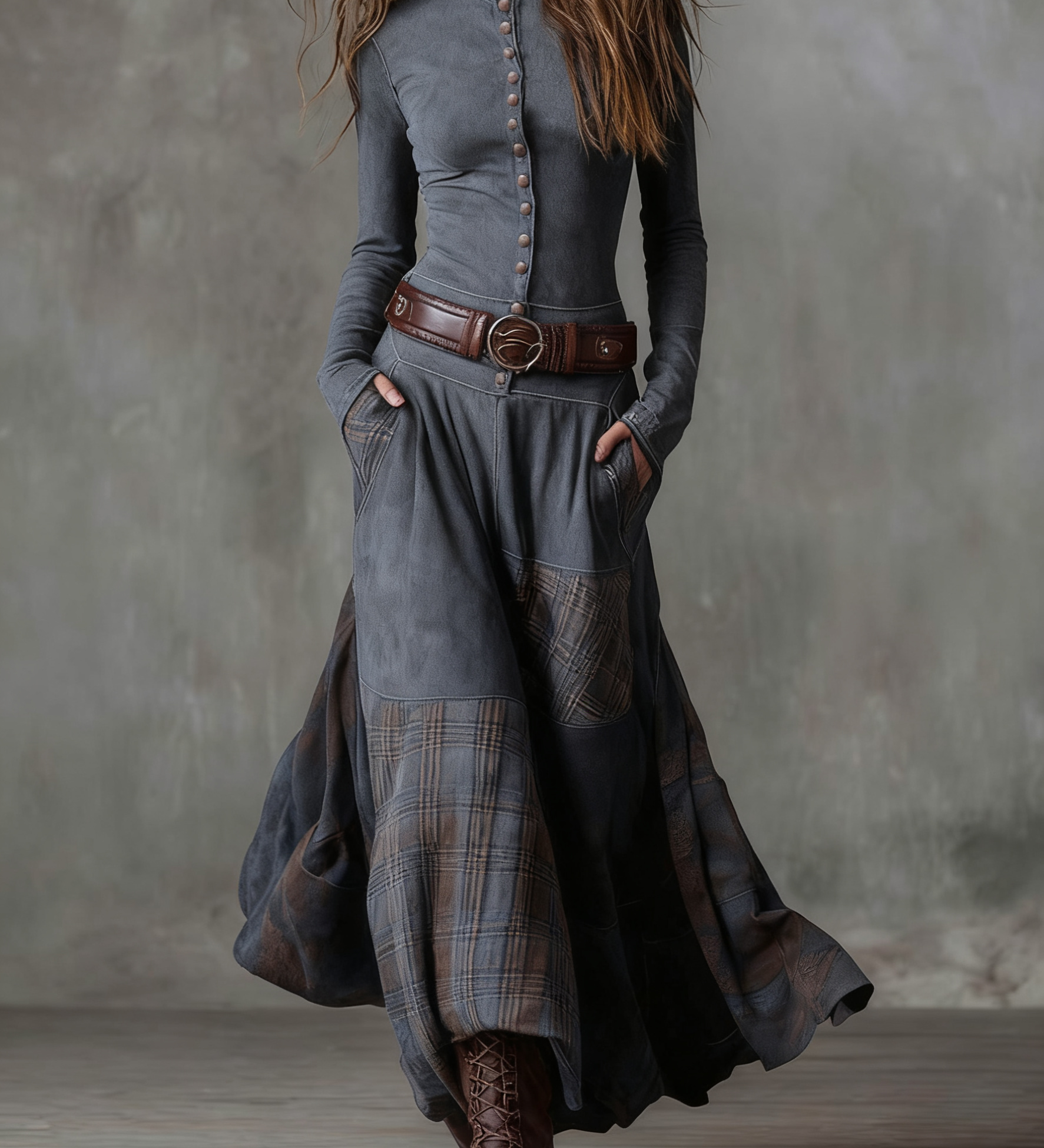 Helena - Maxikleid aus blauer Wildleder-Optik mit Gürtel